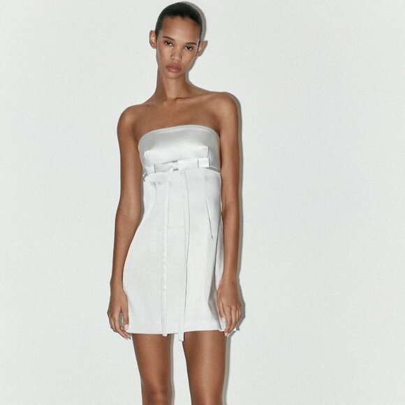 Zara Satin Strapless Bow Dress NWT Silver Blogger Fav Size Large - Picture 4 of 12
